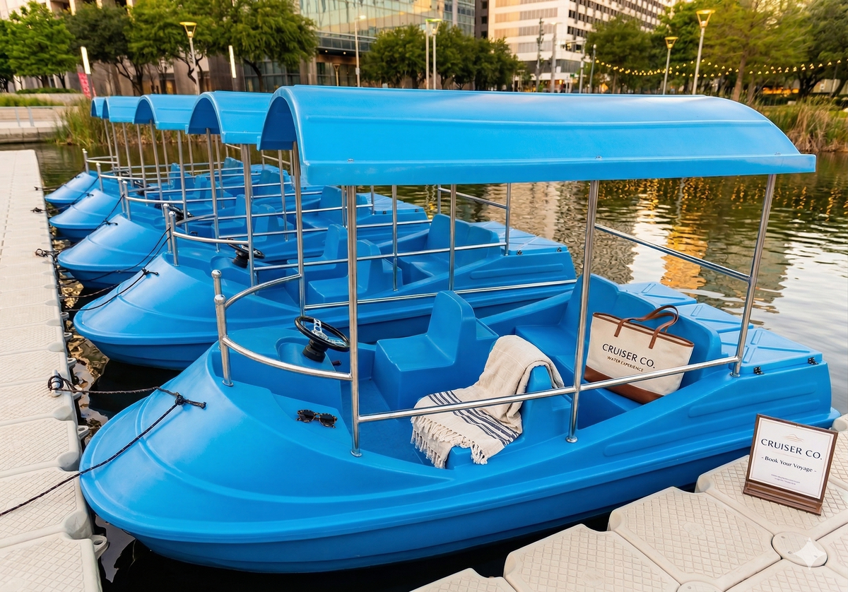 Blue cruiser boats docked at Kinder Lake